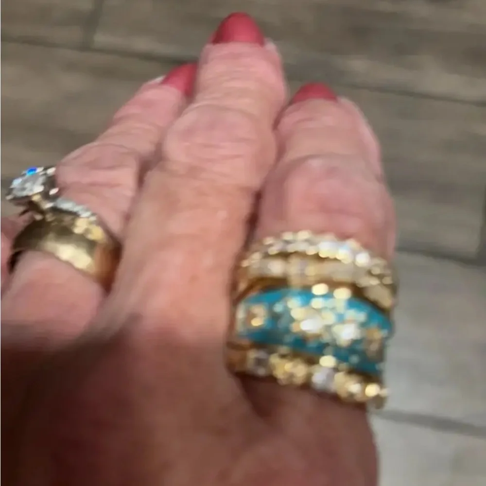 Retro Copper Hand Carved Texture Palace Turquiose Gold Ring Set - SIZE 6